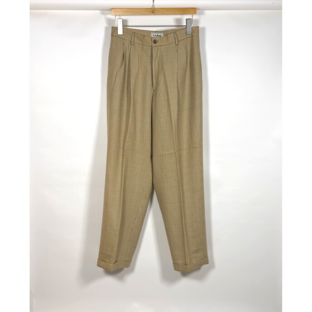LL Bean Beige Houndstooth Wool Pleated Trouser Pants Vintage - Size 12